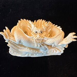 Intricately Detailed and Signed Faux Ivory Dragon Figurine